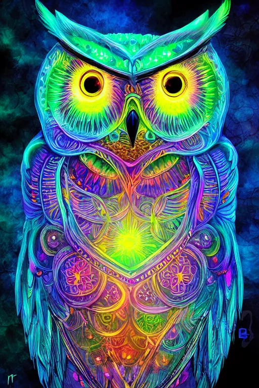 Image similar to glowing owl, beautiful colours, highly detailed, digital art, sharp focus, trending on art station