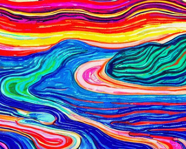 Prompt: Ocean waves in a psychedelic dream world. DMT. Curving rivers. Craggy mountains. Landscape painting by Edvard Munch. David Hockney. Takashi Murakami. Minimalist.