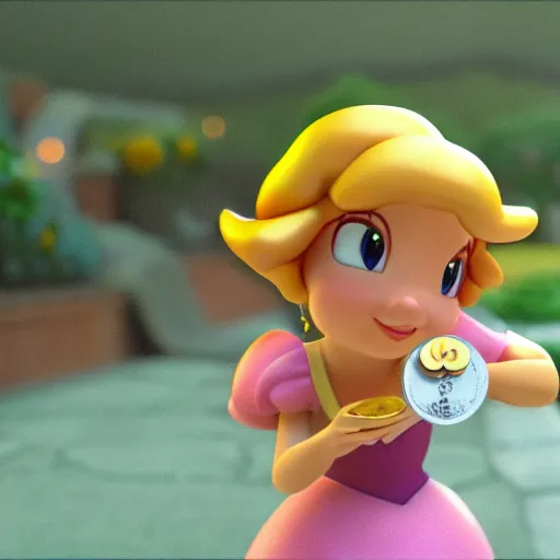 Prompt: A Still of Princess Peach in an animated Disney Pixar movie holding a gold coin in the mushroom kingdom, dynamic pose, promotional render, 35mm f1.8, bokeh, 4k, artstation, PBR materials, Pixar renderman render