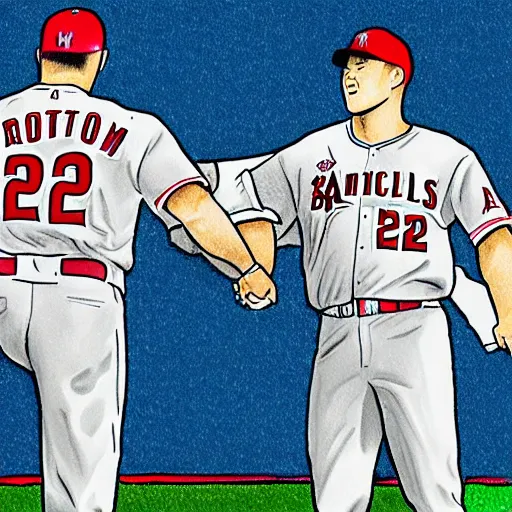 Prompt: mike trout and shohei ohtani holding hands and ascending towards the sky, drawing in the style of a new yorker cartoon