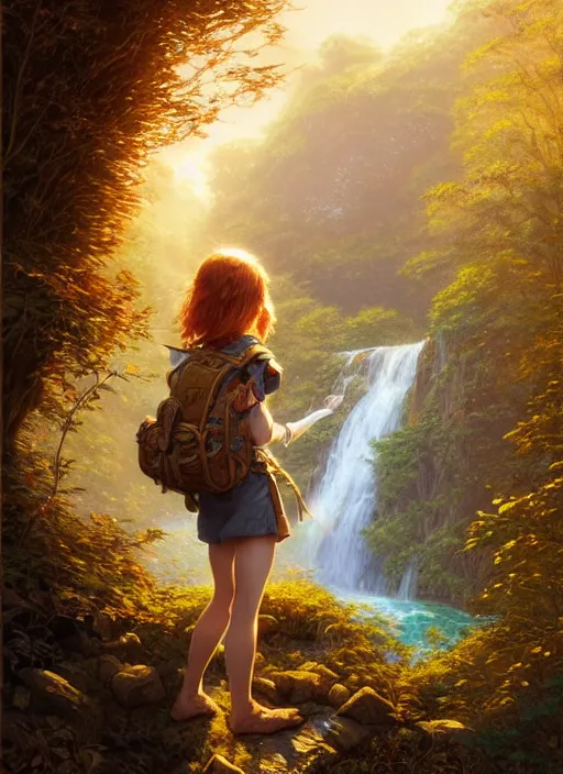 Prompt: detailed intricate digital illustration by james gurney and greg rutkowski and artgerm and wlop and sanford robinson gifford ; young red - haired explorer girl with a backpack and map, in an ancient forest, shimmering waterfall in background ; 1 3 mm film, arri alfa anamorphic lens ; sharp focus, golden hour lighting, trending on artstation 4 k