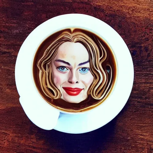 Prompt: a photo of realistic margot robbie latte art in a cup of coffee, highly detailed