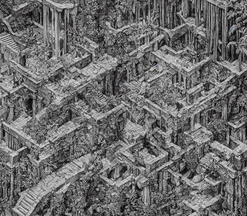 Image similar to Ancient jungle, Fey ruins, in the style of M.C. Escher, inspired by Caravaggio, Dungeons and Dragons Isometric Map