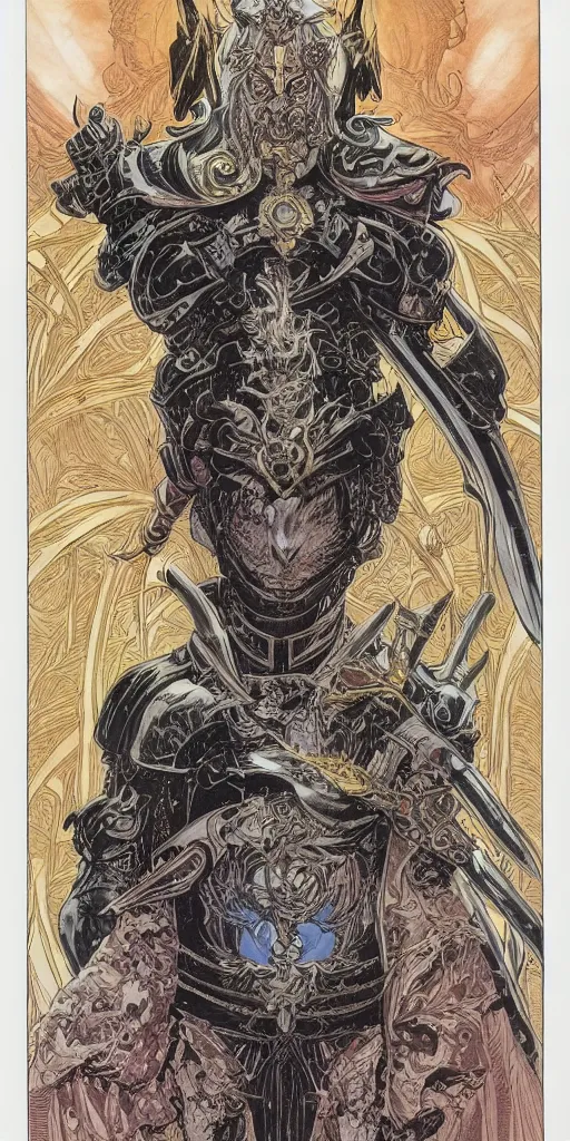 Image similar to a stunning and hypnotic full color art nouveau styled bust portrait of elric as a godlike and stoic chaos king with violent malevolent eyes and intricately detailed black armor by travis charest and michael kaluta, 8k, hyperdetailed