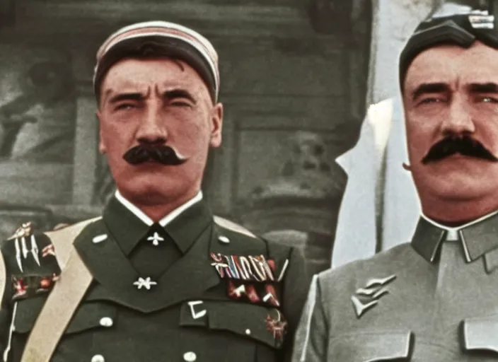 Image similar to a film still of josef stalin vs adolf hitler in lawrence of arabia ( 1 9 6 2 ), technicolor
