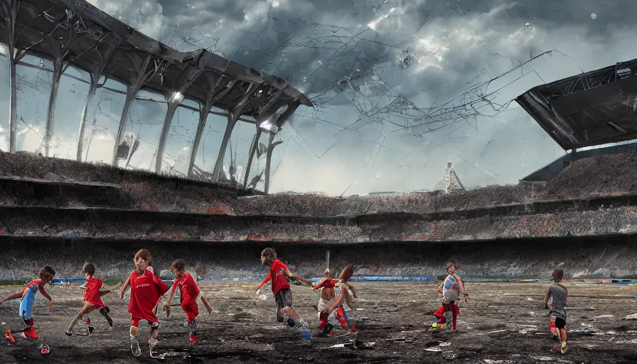 Prompt: kids playing soccer in destroyed rfk stadium in washington dc, cloudy day, hyperdetailed, artstation, cgsociety, 8 k