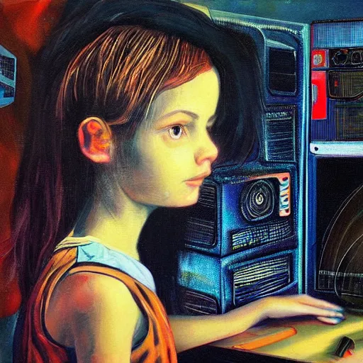 Prompt: the eyes of computer girl are connected to her retro vintage computer by mycelium bio filament connections. oil painting and ultra realistic. the image transmit a sense of wonder and exploration. the art is incredibly detailed. the characters are all unique and interesting.