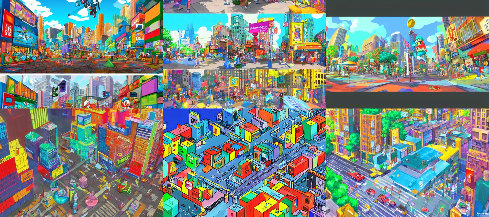 Prompt: colorful Nintendo city street painting concept art