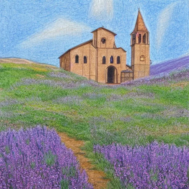 Image similar to abandoned church near a lavander field in italian landscape, colored pencil drawing