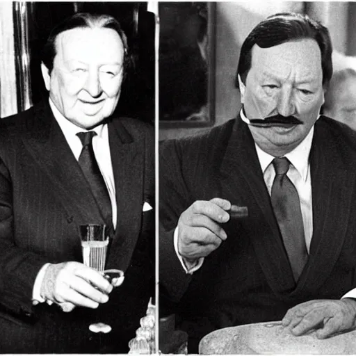 Prompt: Charles Charlie Haughey the Irish Taoiseach smoking a cuban cigar and drinking whiskey with Mu'ammar Al-Qadhdhāfī in the bar in Casablanca movie, Smokey, Black and white