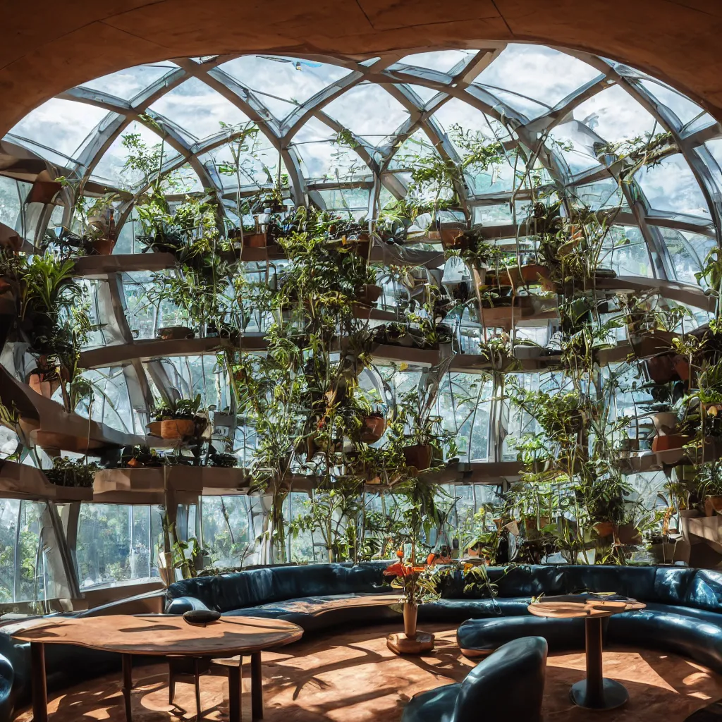 Prompt: inside luxurious earthship with futuristic sunken lounge and indoor garden with circular skylights, dining hall and recreation space, XF IQ4, 150MP, 50mm, F1.4, ISO 200, 1/160s, dawn