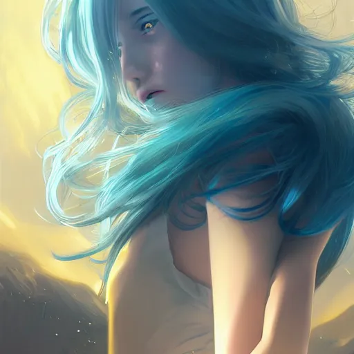 Image similar to ilya kuvshinov with long sky blue hair, gold eyes, boyish face, professional digital painting, concept art, ultra sharp, 8 k, cinematic, wlop, bubbles, tendrils in the background, art by greg rutkowski, pixiv art, art nouveau, yoshitaka amano