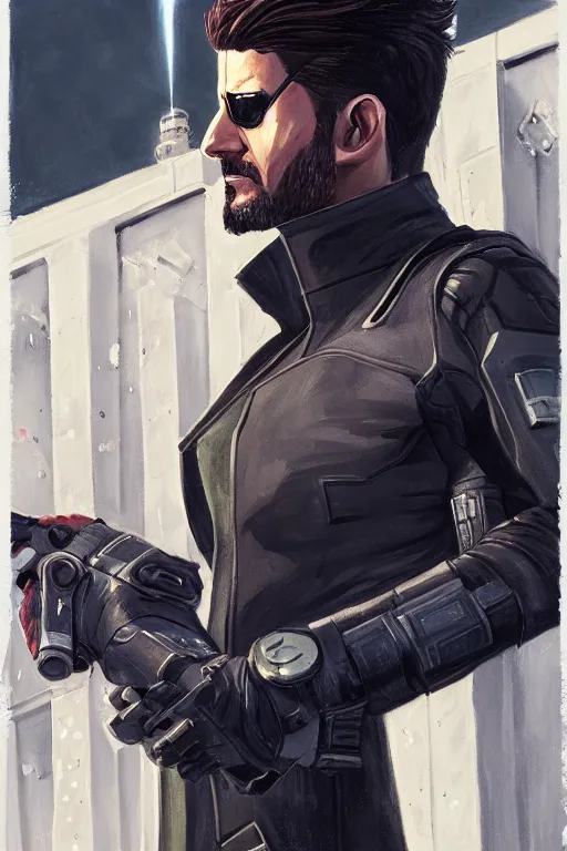 Prompt: a study of Adam Jensen on a cyberpunk rooftop, gouache painting by J. C. Leyendecker