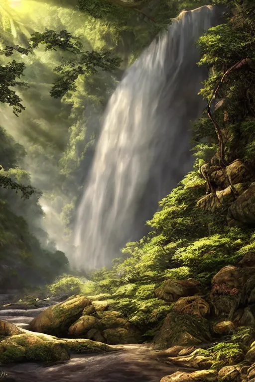 Prompt: big waterfall in a forest with a river, direct sunlight, epic scale, detailed, sharp focus, anime style, by studio ghibli and kazuo oga, trending on arstation, dappled light