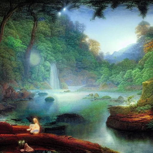 Image similar to a forest oasis, rock pools, harmony of nature, infinite dawn, angelic light, sparkling dew, by asher brown durand, by iyoshitaka amano