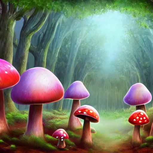 Prompt: magical mushroom forest, without trees, full of giant mushrooms, digital drawing, fantasycore, paintpro, artstation award winning, cozy, soft colors