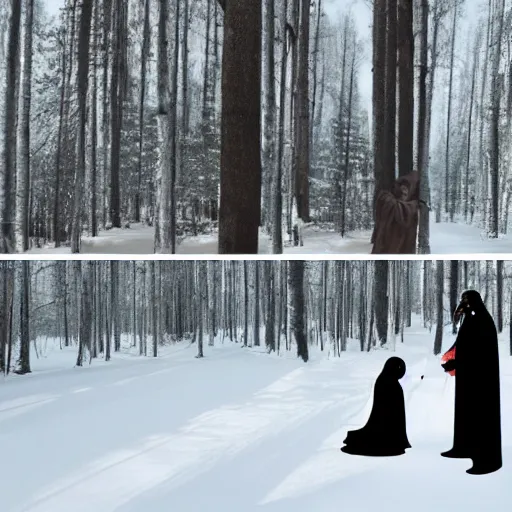 Image similar to darth vader meeting with vladimir putin in birch forest, drinking vodka