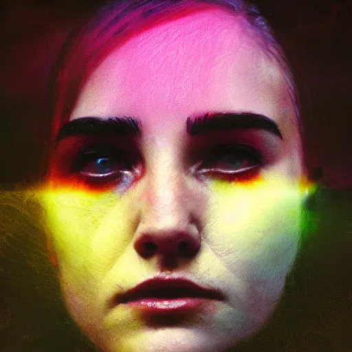 Prompt: jennifer connelly by cy Twombly and BASTIEN LECOUFFE DEHARME, pink and yellow, iridescent, volumetric lighting