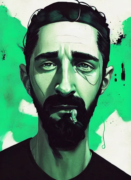 Prompt: highly detailed closeup portrait of creepy staring shia lebouf with motivational text by atey ghailan, by greg rutkowski, by greg tocchini, by james gilleard, by joe fenton, by kaethe butcher, gradient green, black and white color scheme, grunge aesthetic!!! ( ( graffiti tag wall background ) )