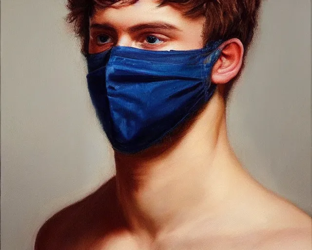 Image similar to masterpiece oil paint of a european young man covering face with fabric mask, trending on artstation, context art, extremely detailed