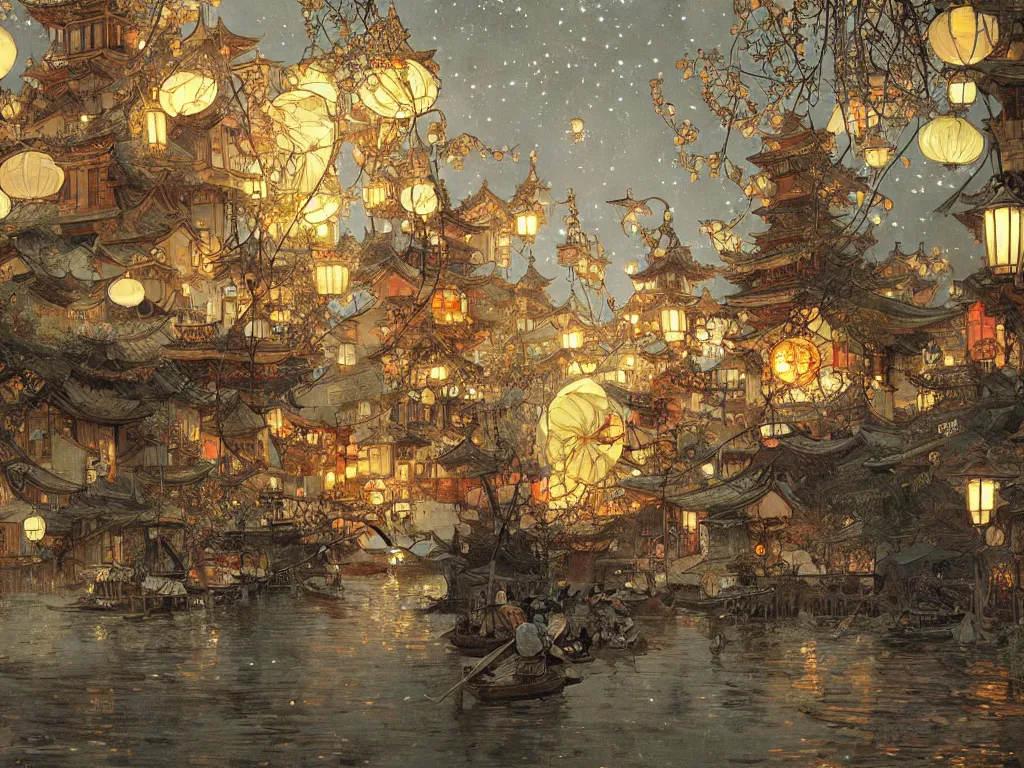 Image similar to view from the river of a beautiful painting of the lantern festival in a an ancient japanese town, at night with a sky full of stars, intricate, elegant, highly detailed, digital painting, artstation, concept art, by krenz cushart and artem demura and alphonse mucha