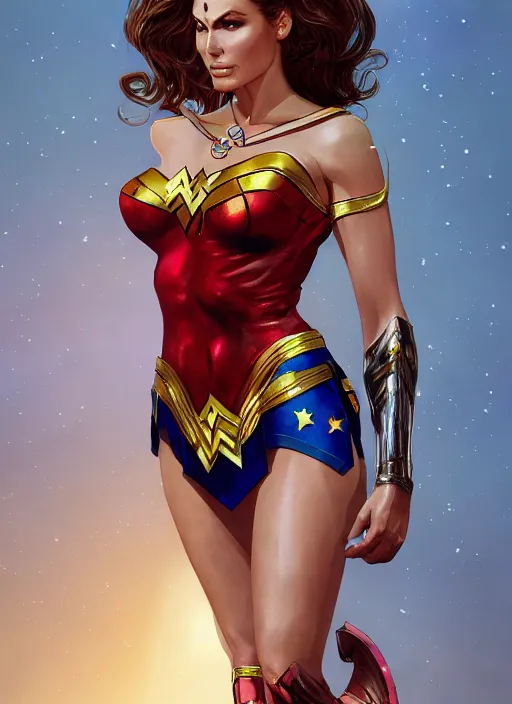 Image similar to portrait of raquel welch as a wonder woman, hyper detailed, digital art, trending in artstation, cinematic lighting, studio quality, smooth render, unreal engine 5 rendered, octane rendered, art style by klimt and nixeu and ian sprigger and wlop and krenz cushart.