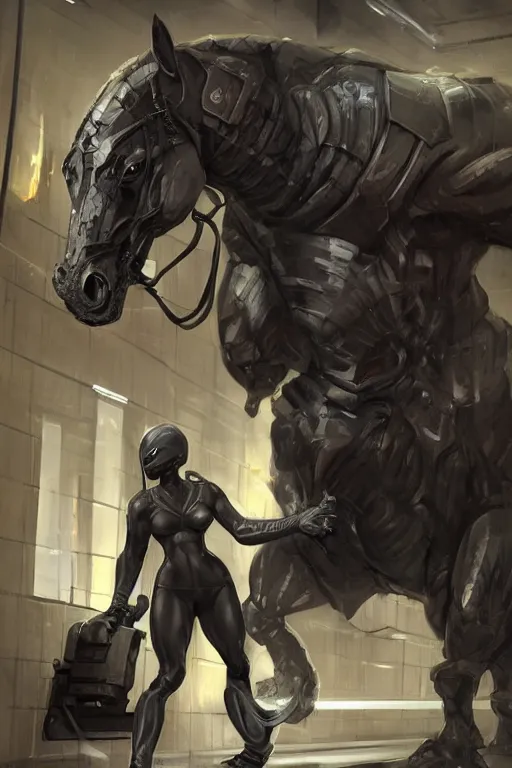 Prompt: a exaggeratedly muscled black - coated anthropomorphic horse wearing a skintight tactical clothing, test subject supersoldier, in a corridor of a research facility, game character, highly detailed, digital painting, artstation, concept art, illustration, art by artgerm, greg rutkowski, wlop