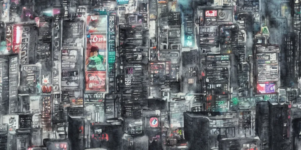 Image similar to dusty city, broken vending machines, Ghost in the Shell, ultrawide watercolor