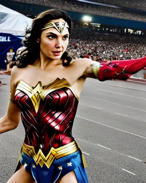 Image similar to gal gadot as wonder woman, at the 2 0 0 - meter starting line, olympic trials, sports photography in the style of neil leifer