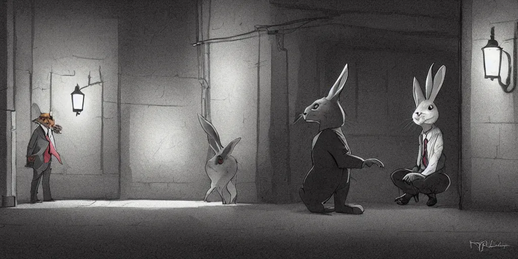 Prompt: rabbit wearing a tie is talking to a femme fatale cat in a dark alley, warm color palette, night time, dramatic lighting, noir film, character sheet, fine details, high contrast, blacksad, kim jung gi, greg rutkowski, trending on artstation, 8 k, front view, back view, ultra wide angle