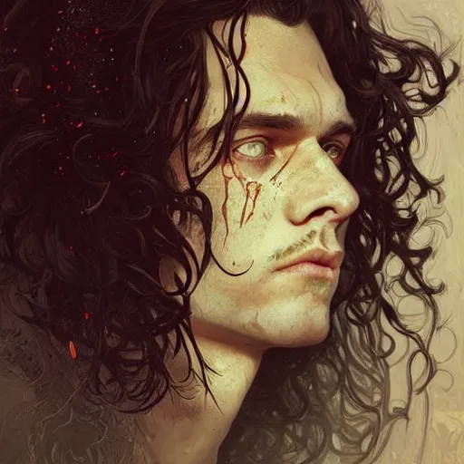 Image similar to young man with long curly brown hair and blood dripping down his face , face, detailed, intricate, elegant, highly detailed, digital painting, artstation, concept art, smooth, sharp focus, illustration, art by Krenz Cushart and Artem Demura and alphonse mucha