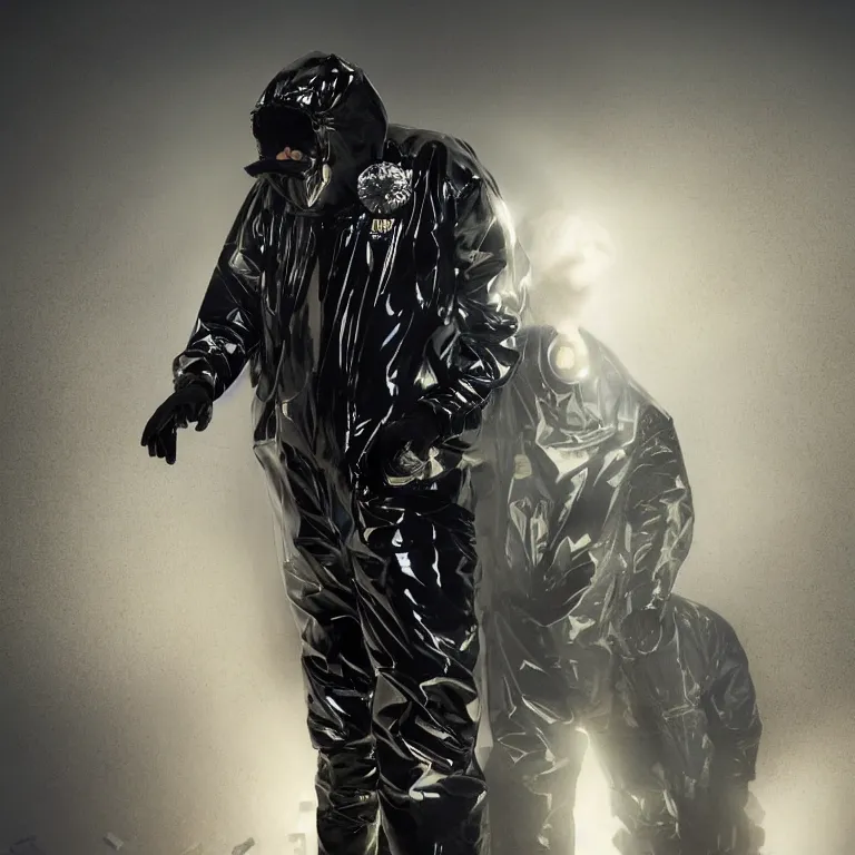 Prompt: vogue portrait octane render portrait by wayne barlow and carlo crivelli and glenn fabry, a giant huge tall man wearing a shiny black latex punk rock hazmat suit covered in band decals and metal spikes, standing in a huge massive crowd of men in hazmat suits, dramatic lighting, fog and mist, cinema 4 d, ray traced lighting, very short depth of field, bokeh