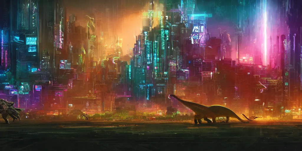 Image similar to a beautiful painting of a lush cyberpunk city with a single dinosaur grazing in the foreground by ridley scott, vivid colours, cinematic lighting, fine details, 8 k | | digital artwork made by greg rutswork, anna dittmann and lois van barlee, symmetrical neon rim light, anatomically correct