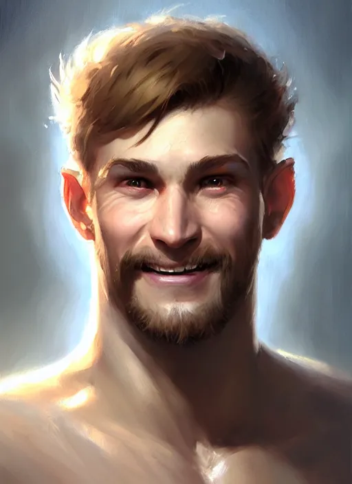 Image similar to a _ fantasy _ style _ portrait _ painting _ of white male short fringe light brown hair short face grinning, rpg dnd oil _ painting _ unreal _ 5 _ daz. _ rpg _ portrait _ extremely _ detailed _ artgerm _ greg _ rutkowski _ greg