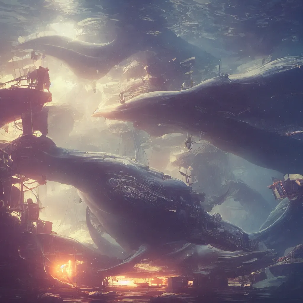 Prompt: steam punk under big whale, glowing detail, by wenjun lin and artem chebokha and alena aenami and ian llanas, 4 k