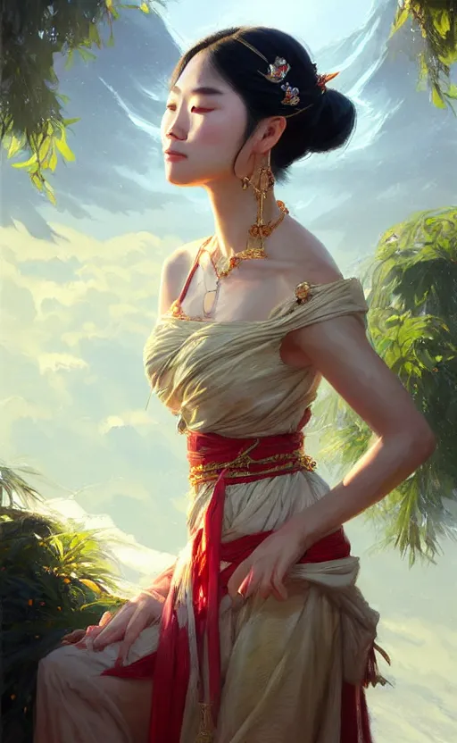 Image similar to a beautiful taiwan goddess with sundress with jewelry | | winter, realistic shaded, unpleasant face, good looking, fine details, realistic shaded lighting poster by greg rutkowski, magali villeneuve, artgerm, jeremy lipkin and michael garmash and macoto takahashi