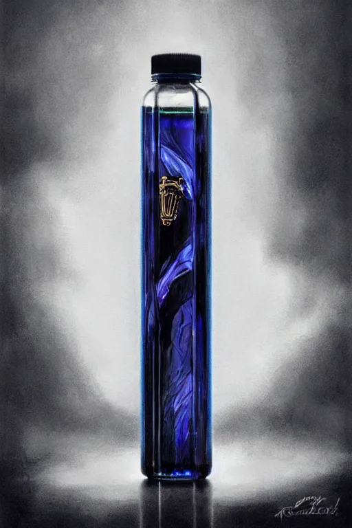 Image similar to concept art of a rolex liquid dietary supplement in a transparent bottle filled with blue magenta iridescent liquid, by aenaluck, artgerm and roberto ferri and greg rutkowski, black and white tones, white background, digital painting, artstation, concept art, smooth, sharp foccus ilustration hq