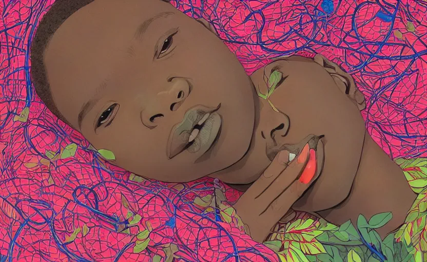 Image similar to african boy lying down in a colourful garden - wrapped in flower vines, art by james jean & hsiao - ron cheng, colourful, sharp, detailed, digital painting, illustration, intricate detail, pinterest, behance, art station,