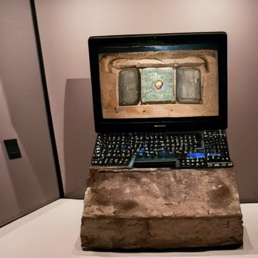 Prompt: Museum exhibit photo of a computer from the paleolithic era, uncovered by archaeologists