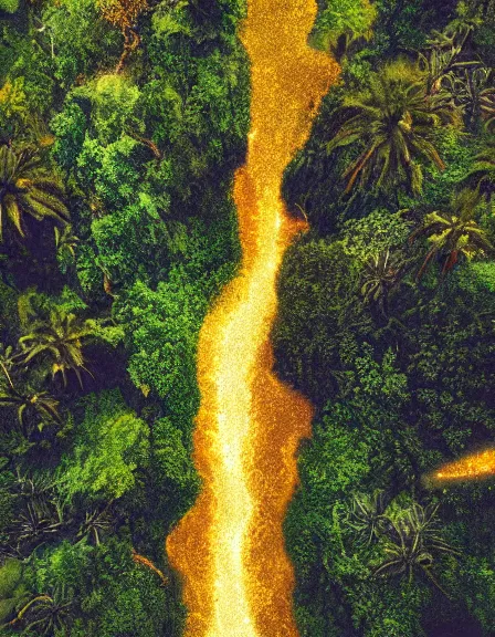 Prompt: vintage color photo of aerial view of a giant 1 1 0 million years old abstract sculpture made of light beams and liquid gold covered by the jungle vines