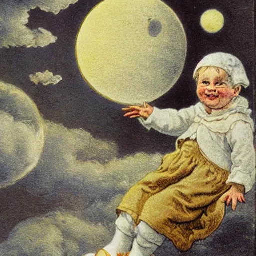 Prompt: celestial smiling moon candid portrait, surrounded by clouds, illustrated by peggy fortnum and beatrix potter and sir john tenniel