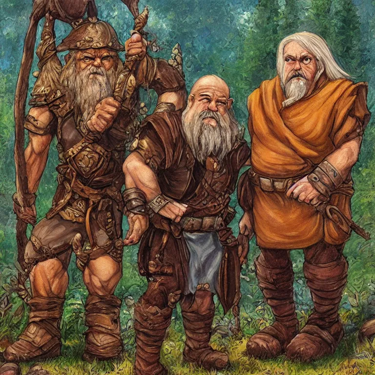 Prompt: a beautiful portrait painting in the style of larry elmore of a stone golem standing center frame with his stone arms around a dwarf wizard and elf rogue at summer camp