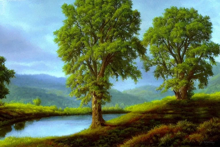 Prompt: masterpiece painting of oak trees on a hillside overlooking a creek, dramatic lighting, by peter ferguson