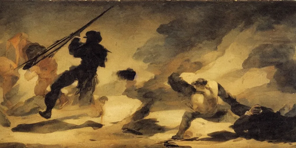 Prompt: a man with a spear kills his brother by francisco goya, detailed mythological painting, oil painting
