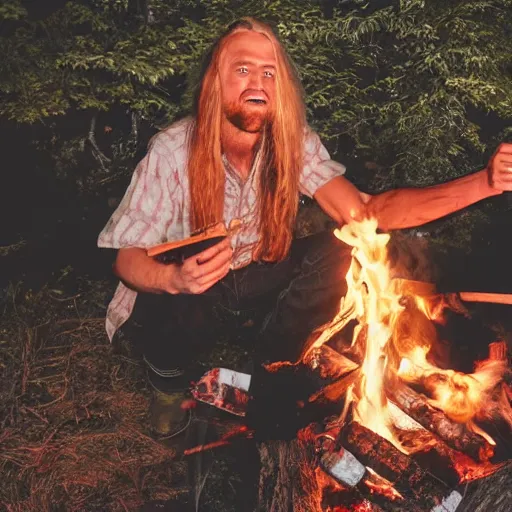 Image similar to photo of hillbilly with long blonde hair around a bonfire, symmetric face