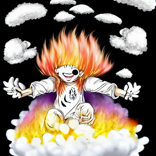 Image similar to fluffy exploding mushroom cloud as popcorn elemental spirit, in the style of a manga character, with a smiling face and flames for hair, sitting on a lotus flower, white background, simple, clean composition, symmetrical