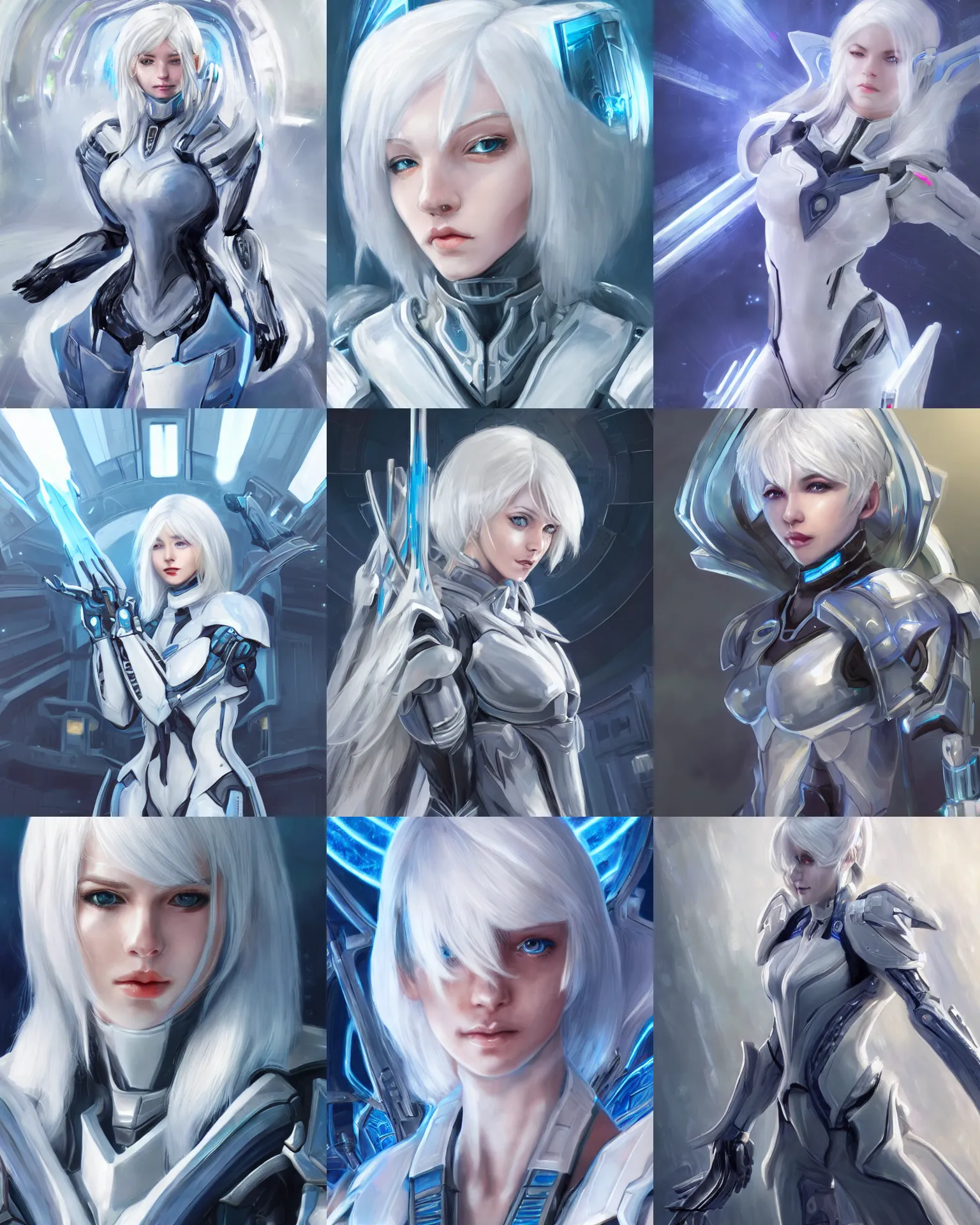 Prompt: perfect white haired girl, warframe armor, beautiful, pretty face, blue eyes, portrait, bright light, scifi, utopian architecture in the background, laboratory, ultra realistic, intricate, glow, pure, innocent, extreme details, focused, masterpiece, art by seunghee lee, blair armitage