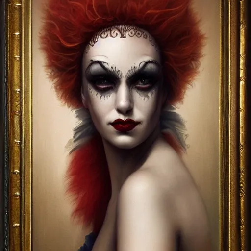 Prompt: by Tom Bagshaw, ultra realist soft painting of a carnival curiosities, single female clown in a corset, symmetry accurate features, very intricate details, focus, curvy, award winning, ultra dense fog