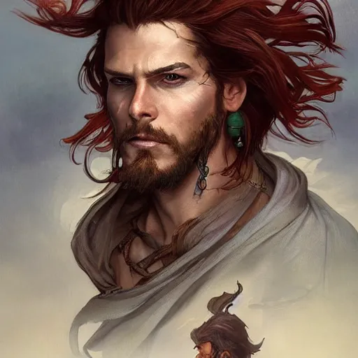 Image similar to portrait of a young ruggedly handsome but joyus pirate, male, masculine, upper body, red hair, very long hair, d & d, fantasy, intricate, elegant, highly detailed, digital painting, artstation, concept art, matte, sharp focus, illustration, art by artgerm and greg rutkowski and alphonse mucha