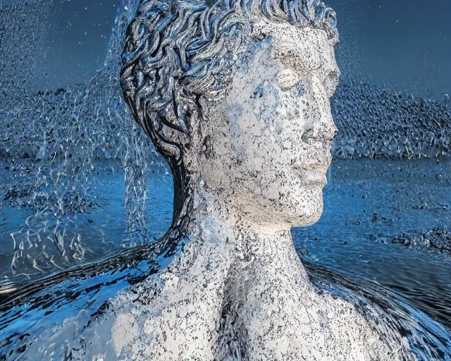 Image similar to a giant abstract sculpture of a legendary greek warrior god on the water, in the style of jaume plensa, award winning, cinematic, hyper - realistic, very detailed, realistic water splashes, ray tracing, 8 k resolution, long - shot, sharp focus, low angle, 8 5 mm photograph, wide lens